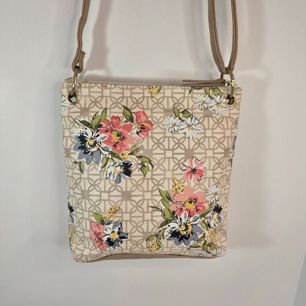 Floral Crossbody Bag Tan Neutral Multi Pocket Adjustable Strap - Picture 6 of 9